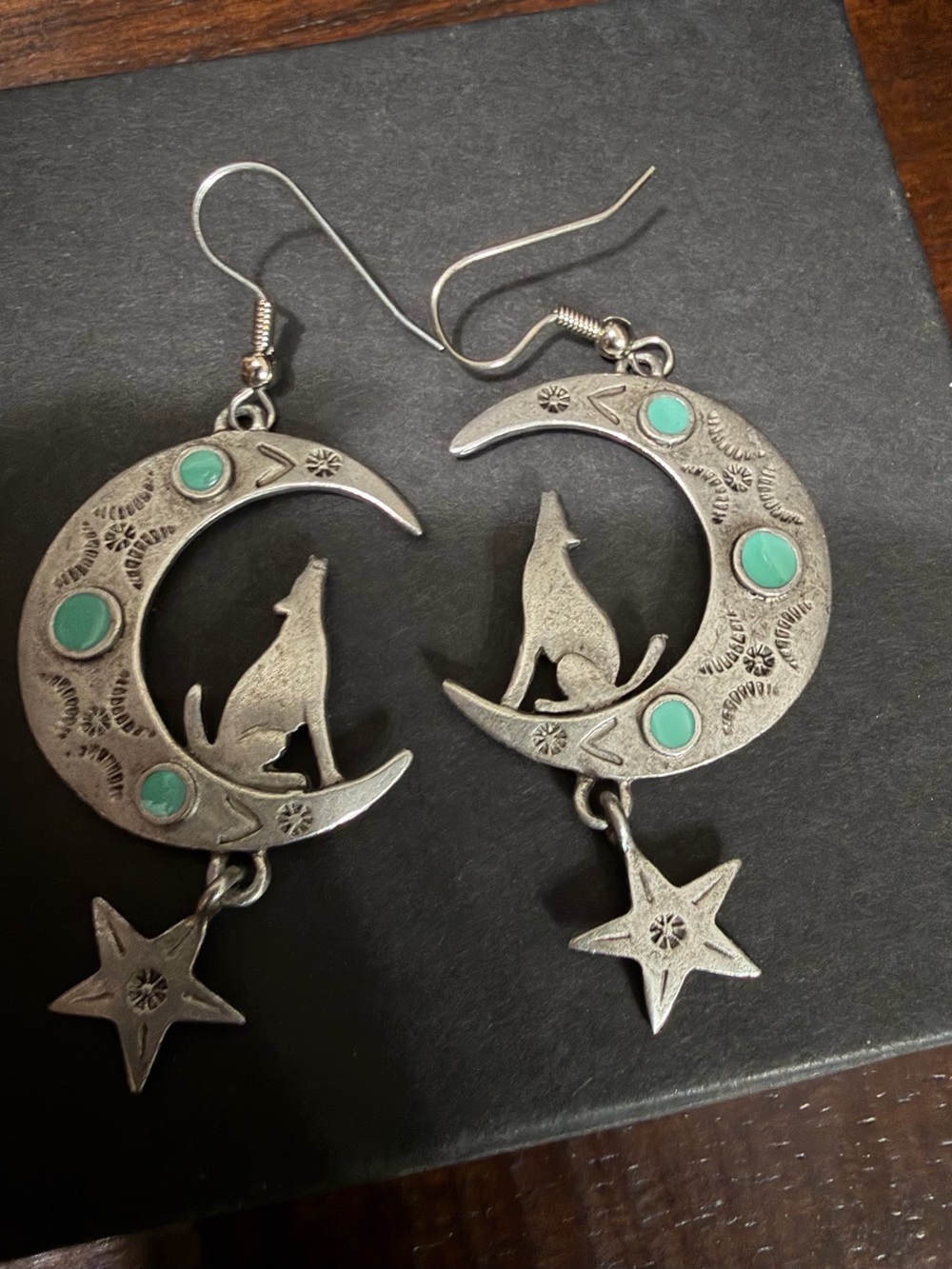 Pewter Wolf and Moon Vintage Earrings